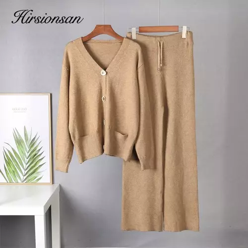 2 Pc Knitted Set Women Tracksuit V Neck Cardigan & High Waist Pants Soft Sweater 2