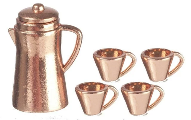 Puppenhaus Kupfer Kaffee Topf & Becher Set Miniatur Küche Cafe Esszimmer Zubehör