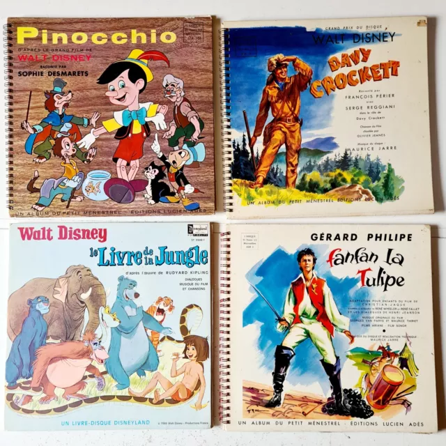 Walt Disney, Lot De 4 Vinyl LP 33t 25cm LIVRE-DISQUE, Pinocchio/Davy Crockett +