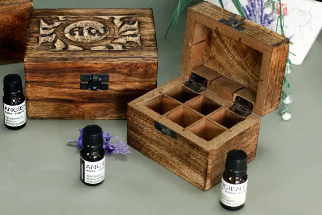 Aromatherapy Hand Carved Mango Wood Box, Holds 6 (10ml Bottles) FREE UK P&P