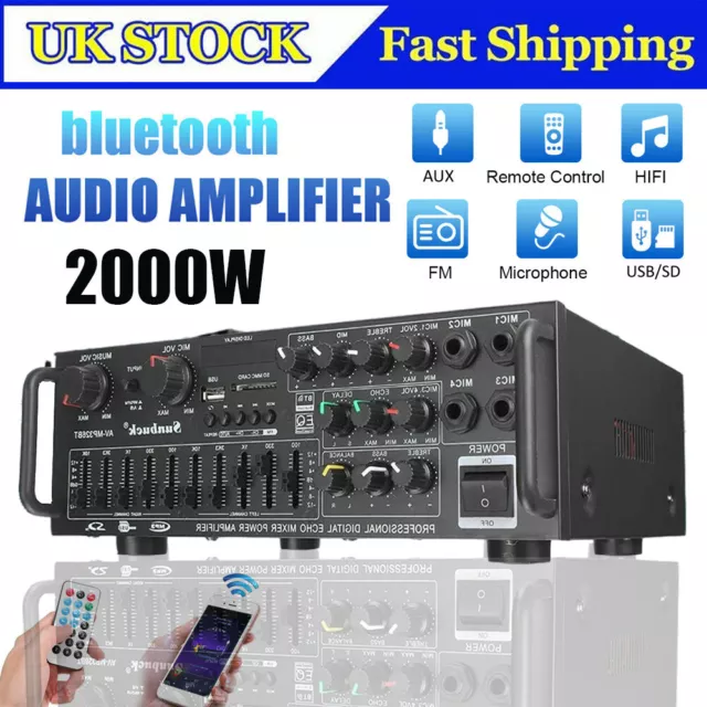 2000W Bluetooth Stereo Amplifier HIFI 2CH Tuner Remote Control USB SD Mic Input