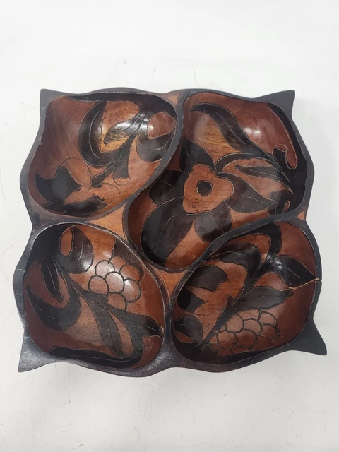 Vintage Hand Carved Divided Wood Serving Bowl Dish Floral Lacquered Asymmetrical
