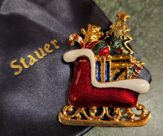 New w/ Storage Bag Enamel Christmas Sleigh Brooch Pin by Stauer 1 1/2 X 2 Inches