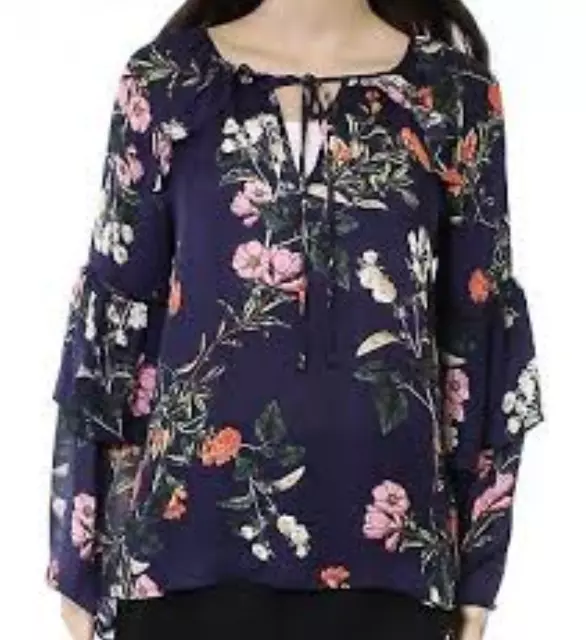 Parker L3904 Navy Daphne Floral Print Keyhole Blouse Women's Size XS