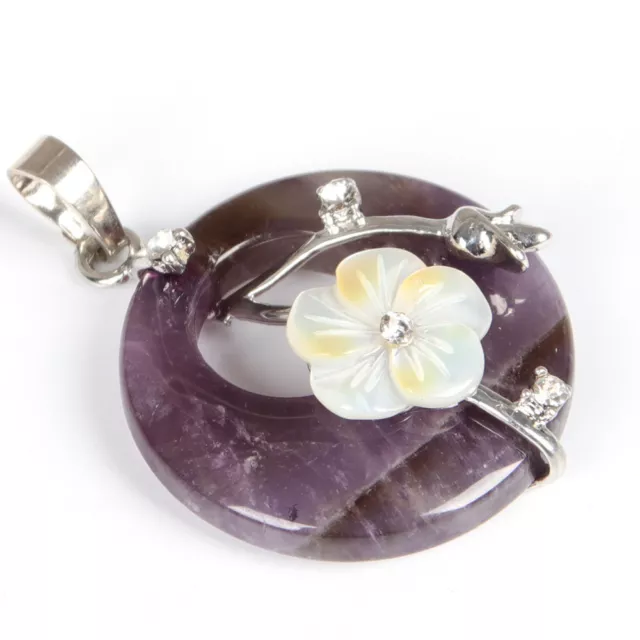 Genuine Mystic Purple Amethyst Flower Carved Shell Gems Silver Necklace Pendant