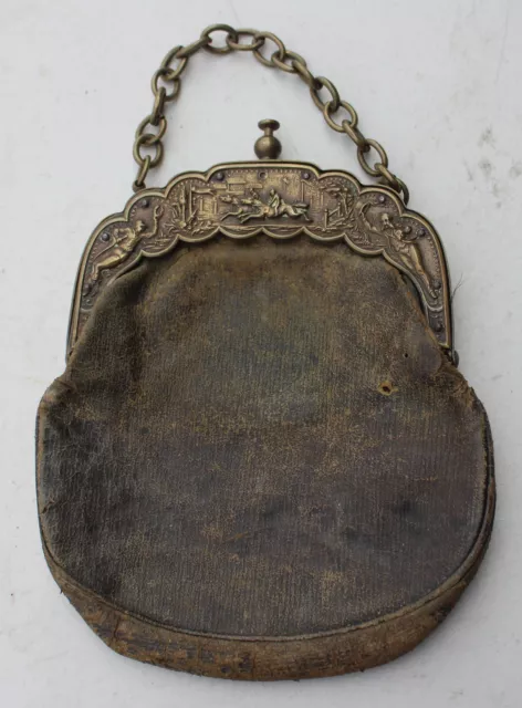 Antique Leather Metal Frame Engraved Purse Bag Chain Horse Art Deco Nouveau