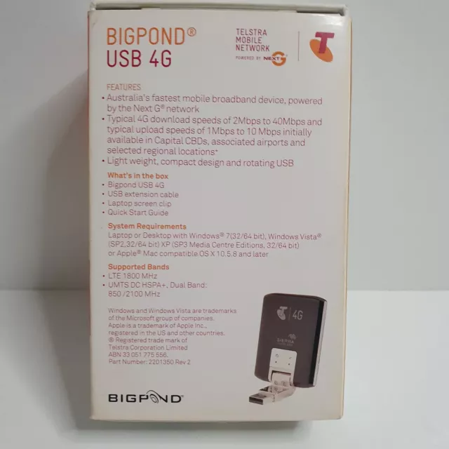 Telstra Mobile Network Bigpond USB 4G With USB Extension Cord And Clip Included 3