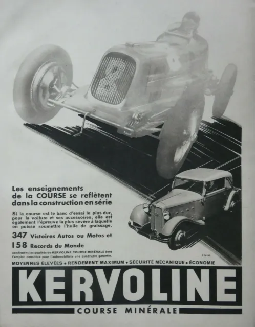 Publicité De Presse 1934 Kervoline Course Minérale 347 Victoires Autos Ou Motos