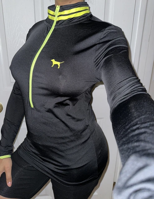 Victoria’s Secret Pink Black Neon Lime Ultimate Logo Pullover Half Zip Shirt M