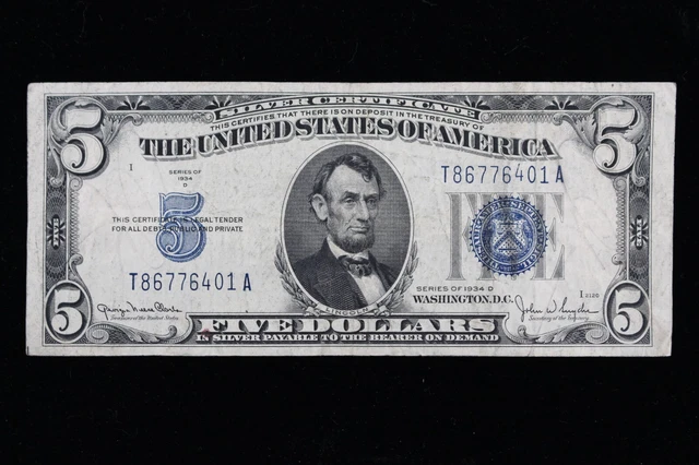 $5 1934D blue seal Silver Certificate Circulated T86776401A Exact Note Shown