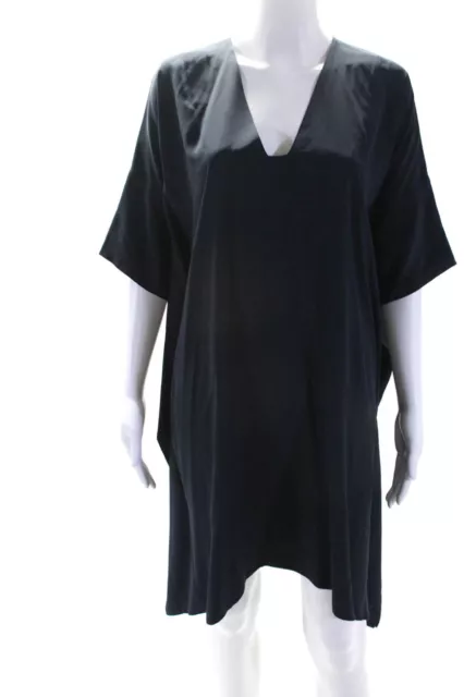 Vince Womens Short Sleeve V Neck Draped Silk Mini Dress Navy Blue Size Small