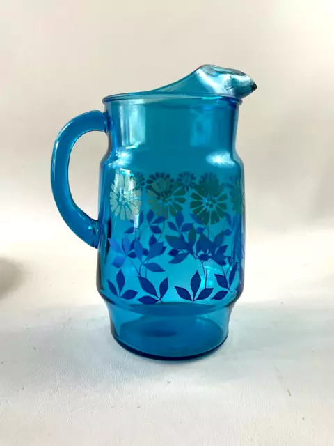 vintage 1960s 1970s blue glass water pitcher with flowers