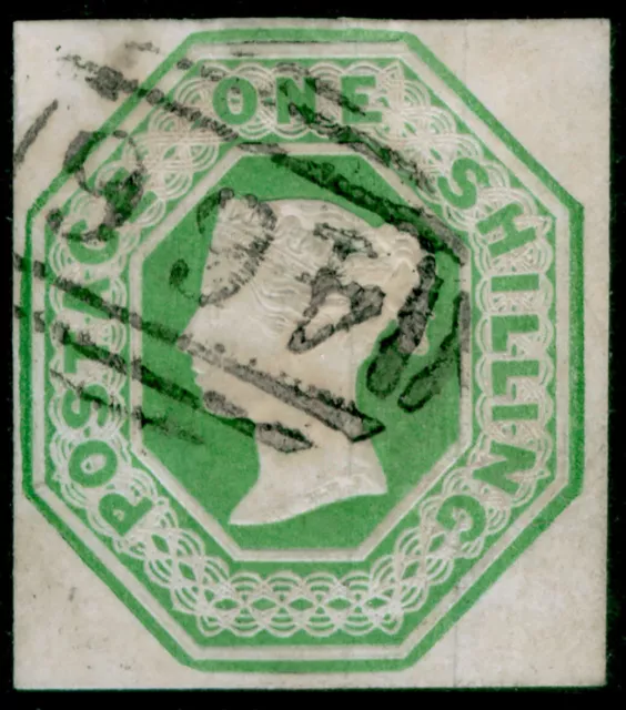 GB QV SG54, SCARCE 1s pale green CUT SQUARE, USED. Cat £1000.