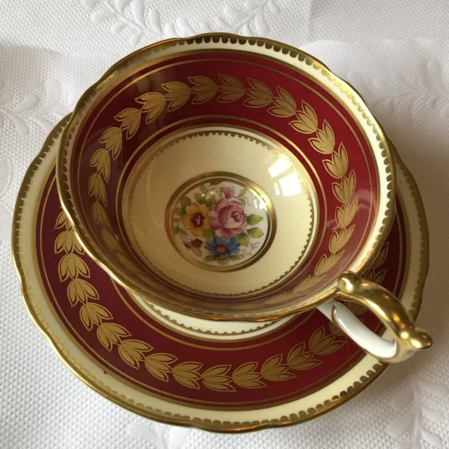 AYNSLEY Cup & Saucer Gilded Red Hand Painted Floral G Bentley C.1939 Antique