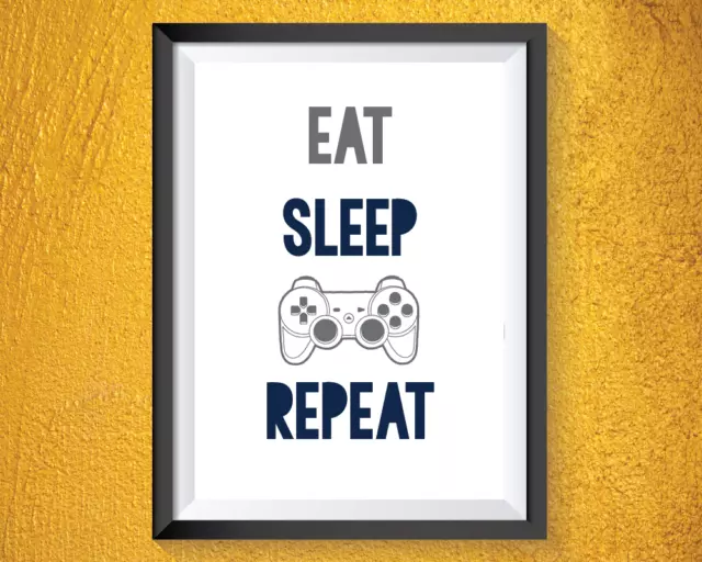 Gaming Print Boys Bedroom Decor Eat Sleep Game Repeat Grey Navy Games Room A4