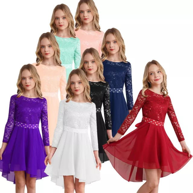 US Kids Flower Girl High Low Dress Long Sleeve Sequins Lace Formal Ball Gown