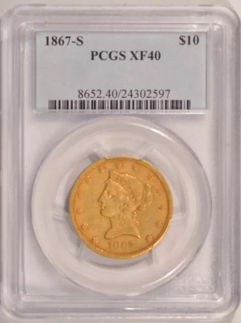 1867-S $10 Gold Liberty Eagle Coin PCGS XF40 (50-75 known)