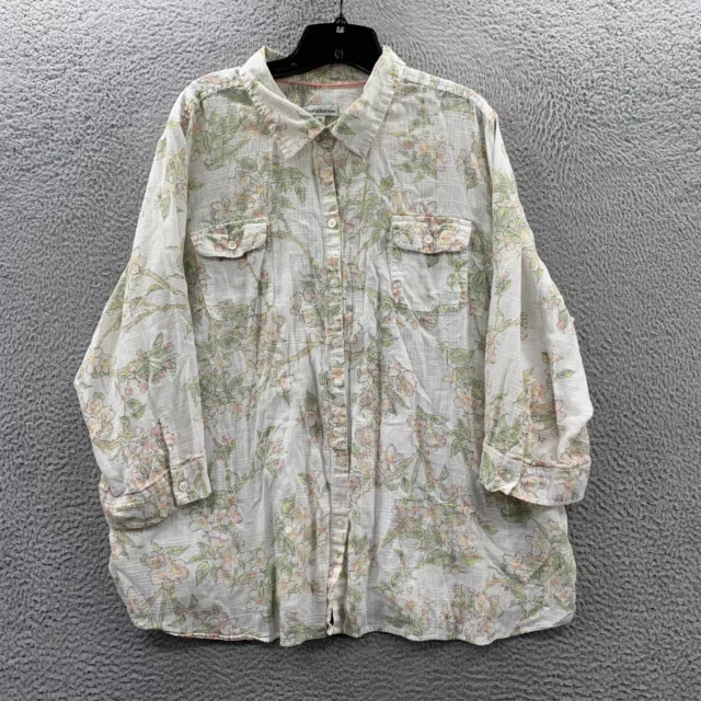 CROFT AND BARROW Shirt Womens 3X Button Up Blouse Top Floral Sheer White