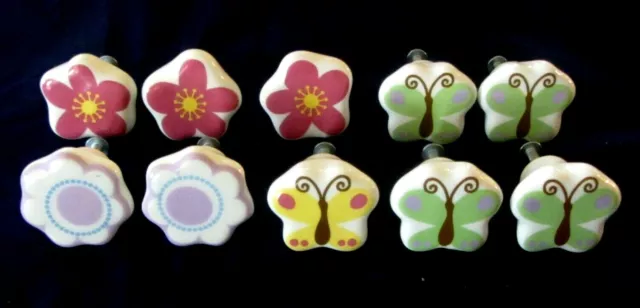Lot of 10 Painted Ceramic Cabinet Drawer, Door Knobs Pulls, Flowers, Butterflies