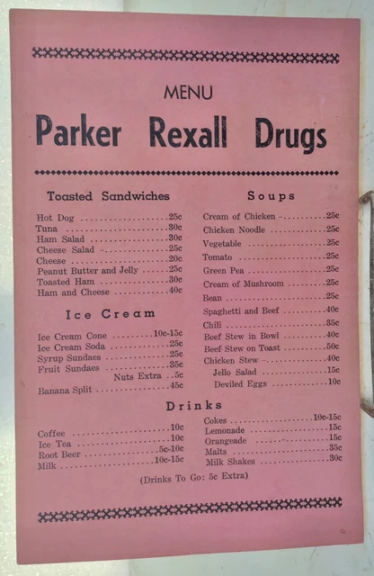 vintage 1940s REXALL ice cream OLD DRUGSTORE Soda Store Shop Fountain LUNCH MENU
