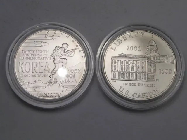 2 Silver US Commem Dollars: 1991-D Korea & 2001-P Capital In Capsules. #17