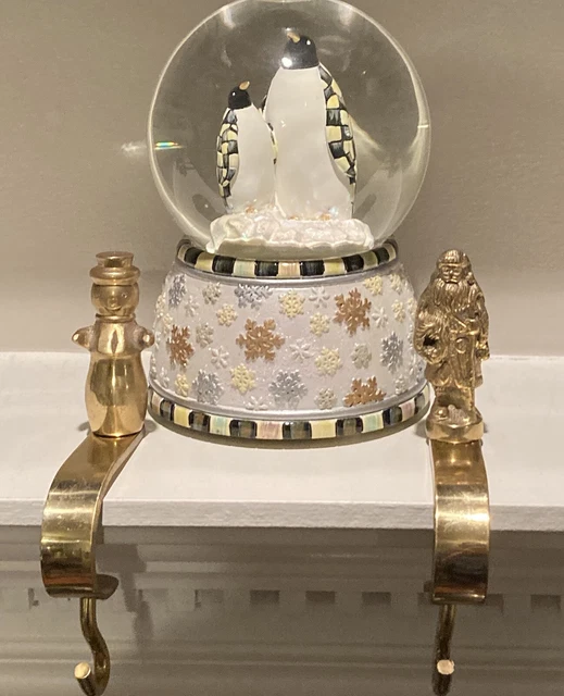 Pair Heavy SOLID BRASS SANTA & SNOWMAN Christmas Stocking MANTEL HOOKS/HOLDERS