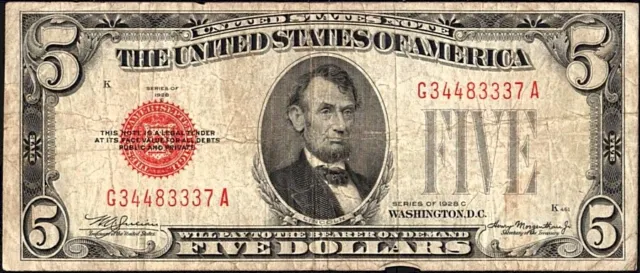 US Currency 1928 C United States Note $5 Red Seal FR 1528