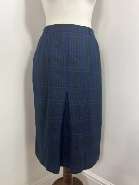 Vintage Blue Multicolour Check Pure Wool Tweed Pencil Skirt UK 10 12