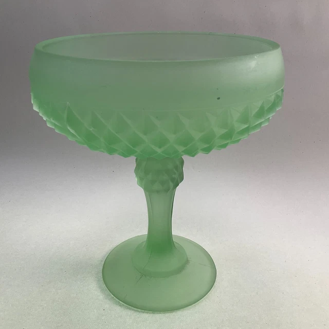 INDIANA GLASS PEDESTAL Compote Bowl Frosted Green Diamond Point 16.99