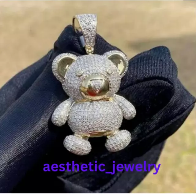 4Ct Round Cut Real Moissanite Teddy Bear Charm Pendant 14K Yellow Gold Plated