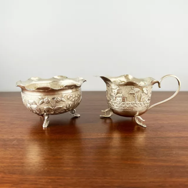 South Pacific Islands? Silver Sugar Bowl & Creamer Thatched Houses Palm Trees