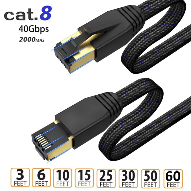 RJ45 Ethernet Cable CAT8 Flat Round Patch Lead Gaming High Speed 40Gbps 2000MHz