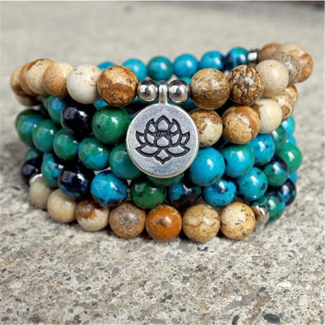 8mm Chrysocolla Picture Jasper Gemstone 108 Beads Mala Bracelet Prayer Religious