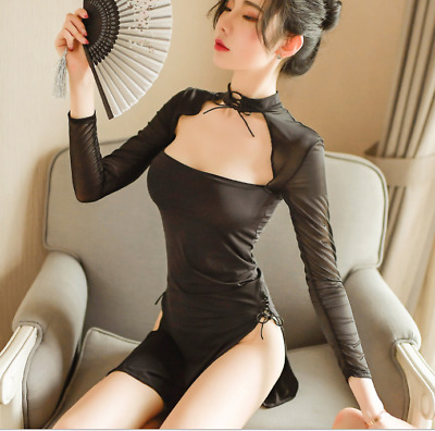 Women's Sexy Sheer Bodycon Dress Cheongsam Open Chest High Slit Qipao Skirt