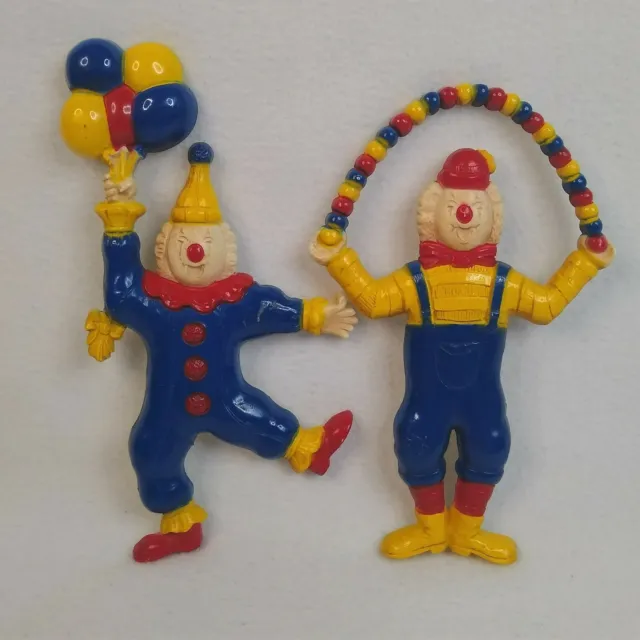 Lot of 2 Clown Wall Hanging Nursery Decor Red Blue Yellow Balloons Circus 8-9"
