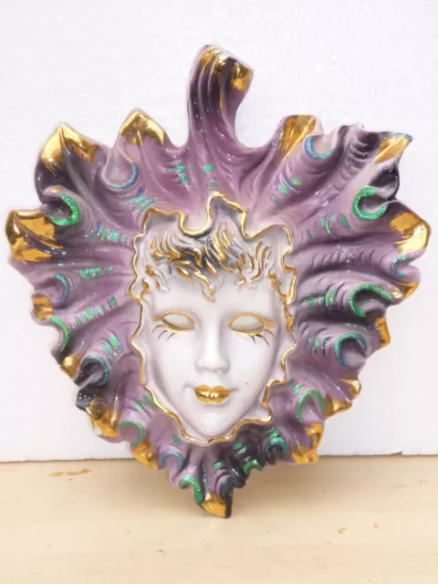 Vintage Italian Ceramic Face Mask Wall Plaque Hand Painted 10'' 