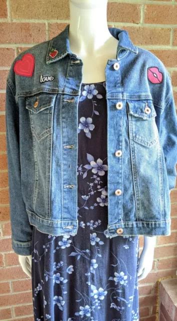 NEW Candie's Women’s Juniors Sz L Blue Denim Jacket Heart Love Patches