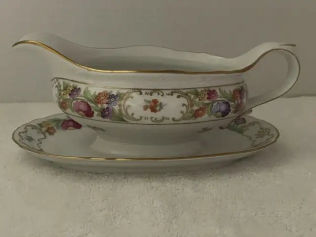 Schumann Germany Empress Dresden Flowers Gravy Boat Attached Plate Number 45