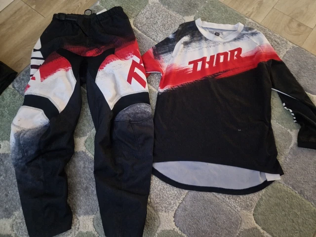 Thor Kids Motocross Kit, Red White Black Jersey & Trousers Boys Youth Teen Pants