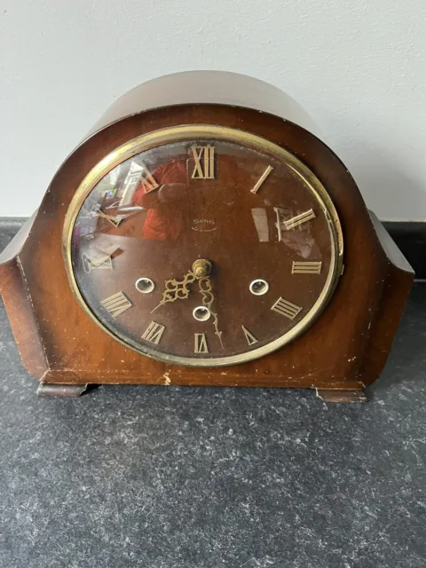 Antique English Smiths Chiming Mantle Clock  With Key dark Wood Oak. Dusty