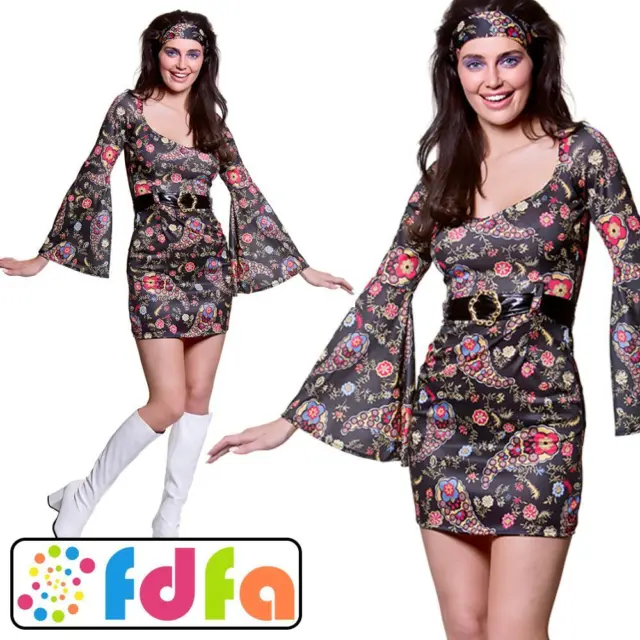 LADIES RETRO GO Go Girl Costume 60s 70s Hippy Hippie Fancy Dress