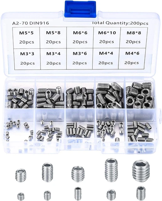 200 Pièces Vis Sans Tête en Acier Inox, M3 M4 M5 M6 M8 à Métaux,...