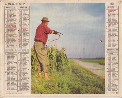 CALENDRIER ALMANACH PTT 1974 oberthur chasse dep 85 vendee 
