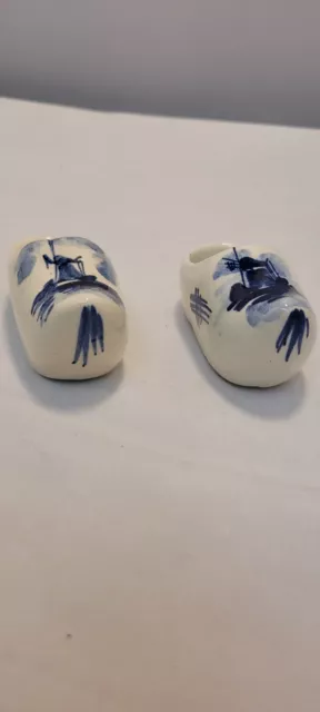 Vintage Delft Pottery 2  Miniature Clogs Dutch Blue and White Windmill  (9/3)