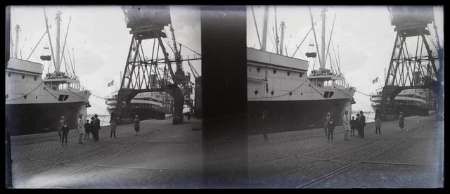 France Port Bateaux c1935 Photo NEGATIVE Stereo Plaque verre Vintage V36L2n