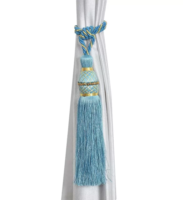 Beautiful Polyester Tassel Rope Curtain Tieback color Aqua Motijal set of 2 Pcs