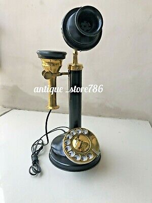 Antique Candle Stick Phone Brass Rotary Dial Wire Telephone Vintage Home Decor