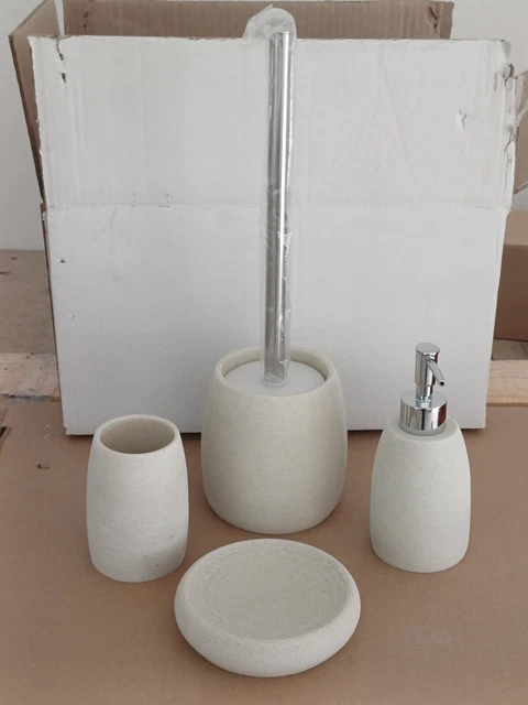 Set 4 Accessori Bagno In Ceramica E Bambù - Portaspazzolini, Portasapone, Bicchiere