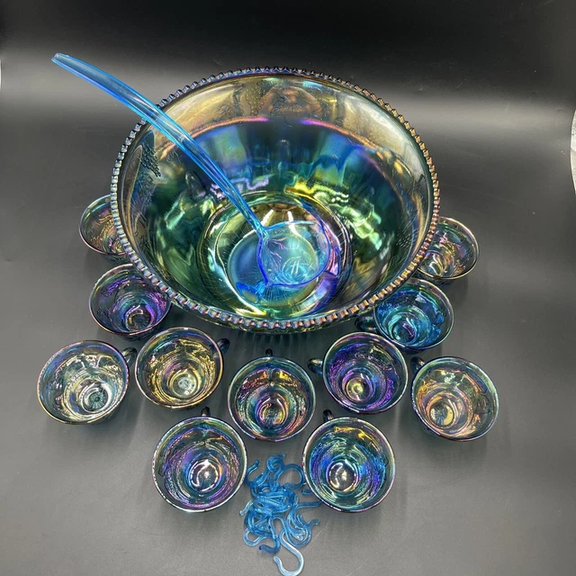 VINTAGE INDIANA GLASS IRIDESCENT BLUE HARVEST CARNIVAL GLASS PUNCH BOWL