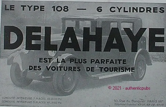 1931 Delahaya Passenger Car Le Type 108 6 Cylinder French Ad